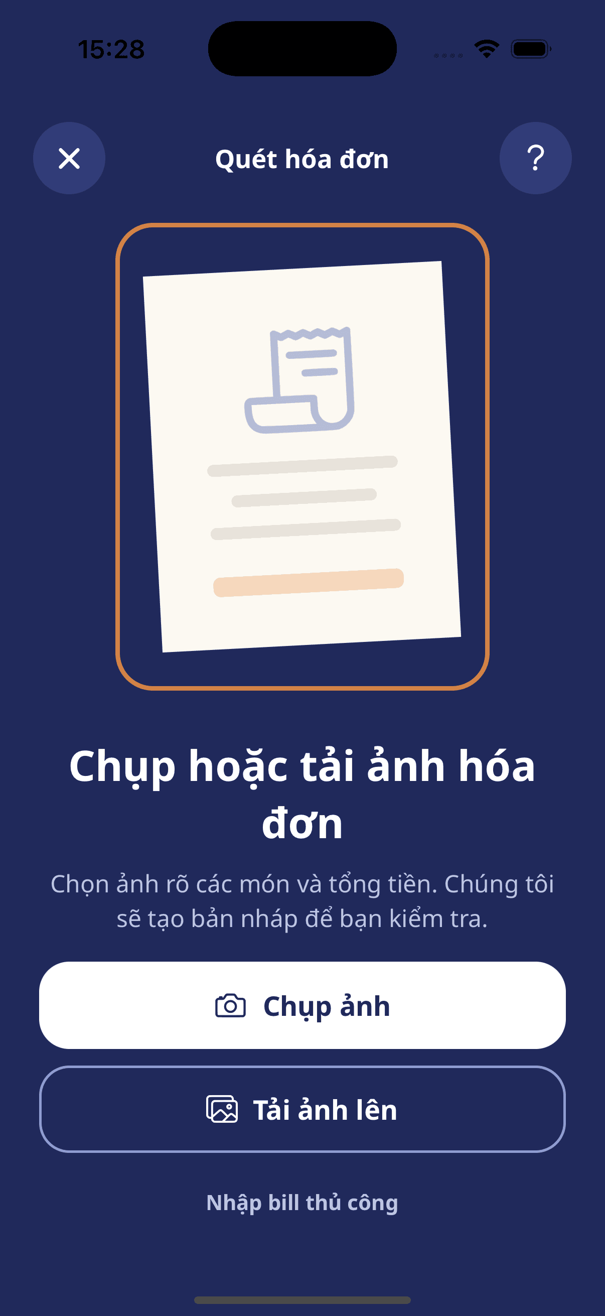 Scan receipt: take a photo or upload one