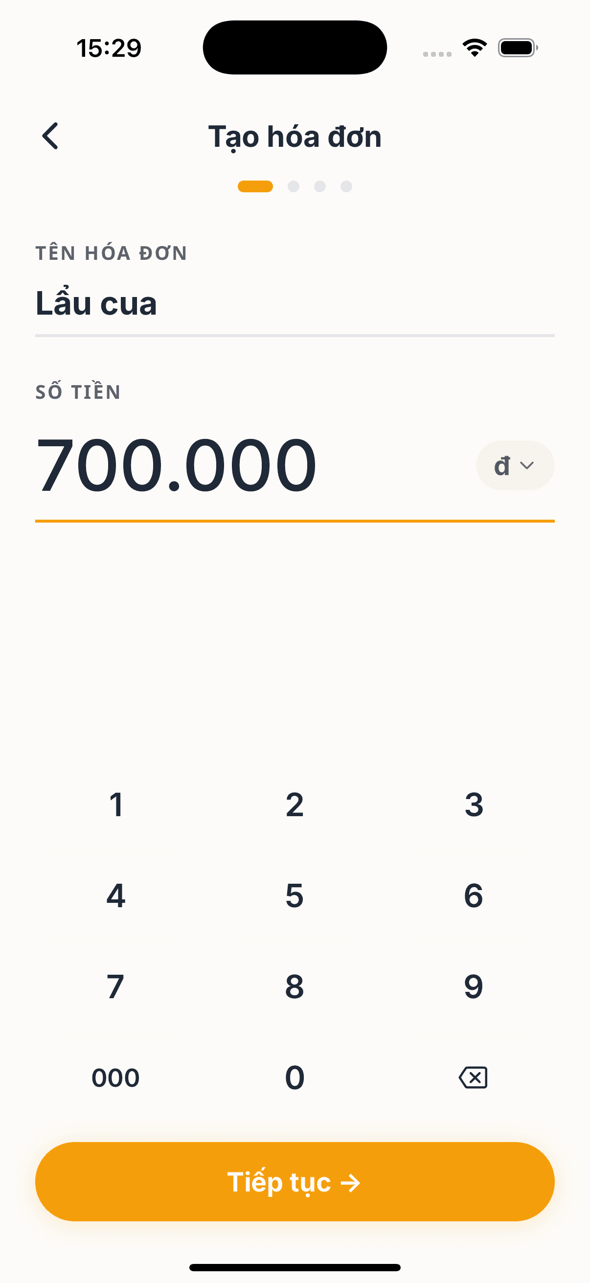 Create bill: Crab hotpot 700,000