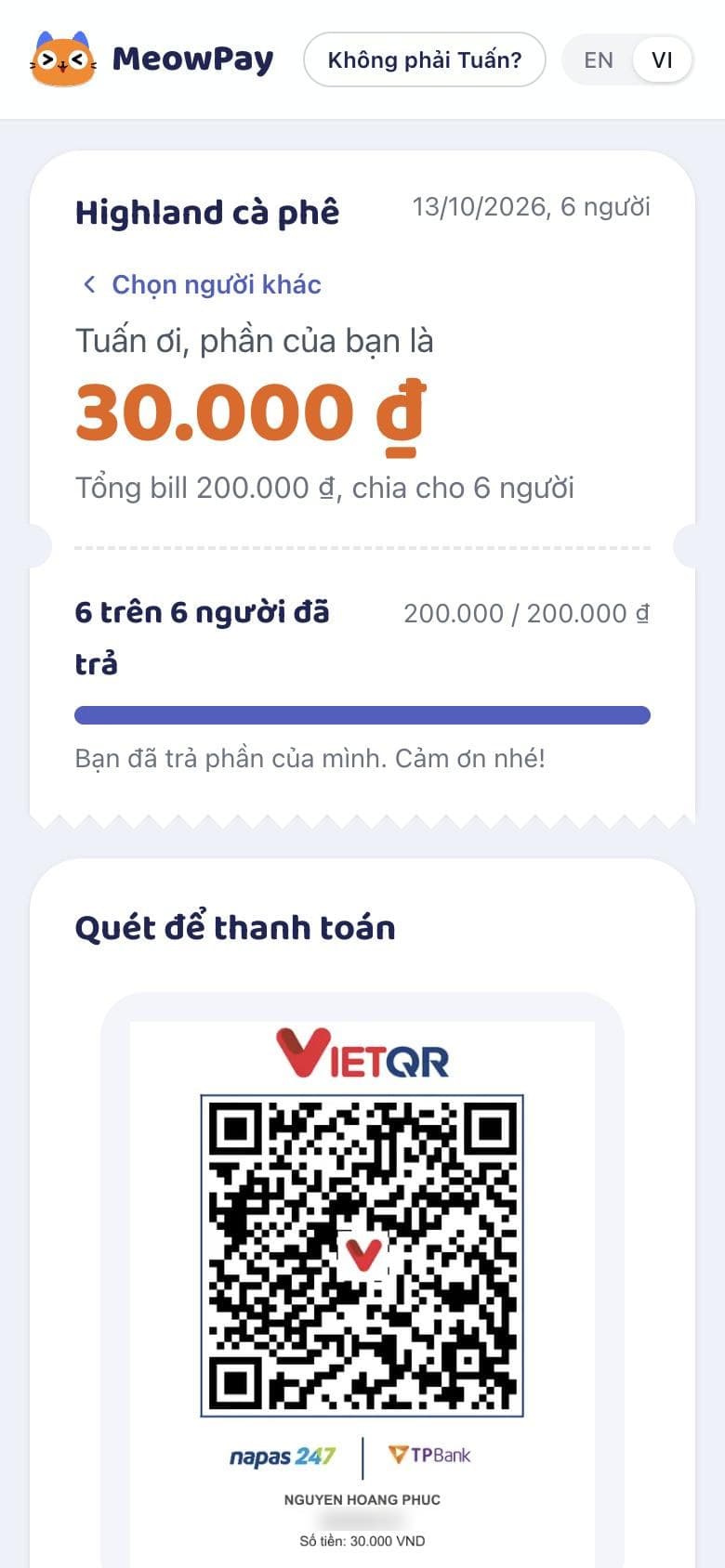 Bill page in the browser: Tuấn, your share is 30,000 đ, with a VietQR code