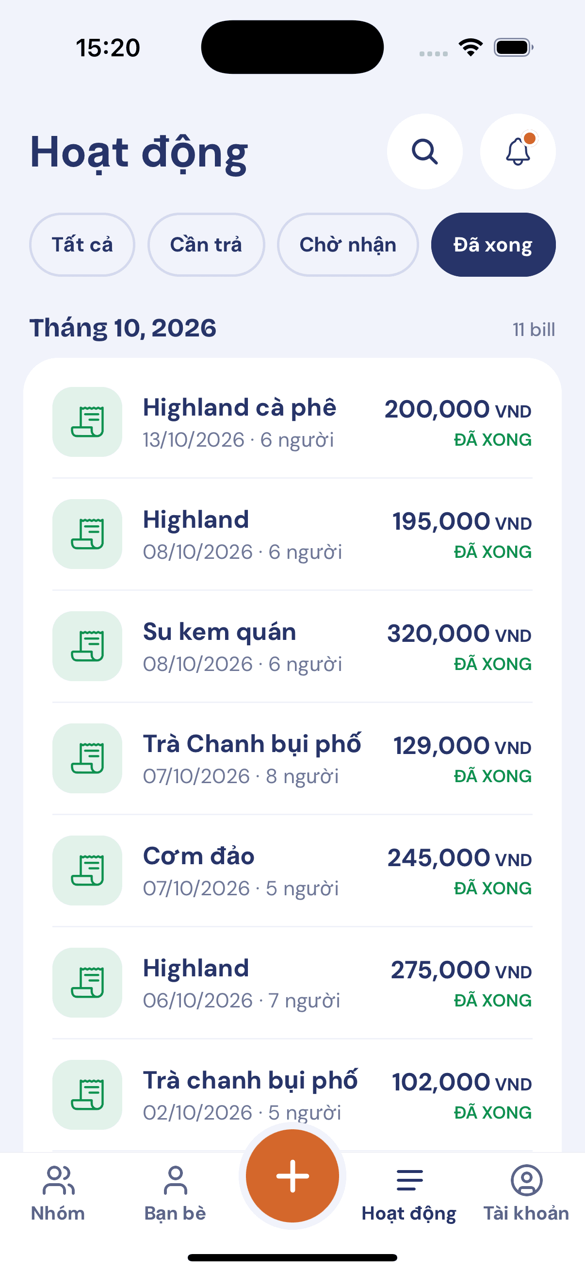 Activity: completed bills