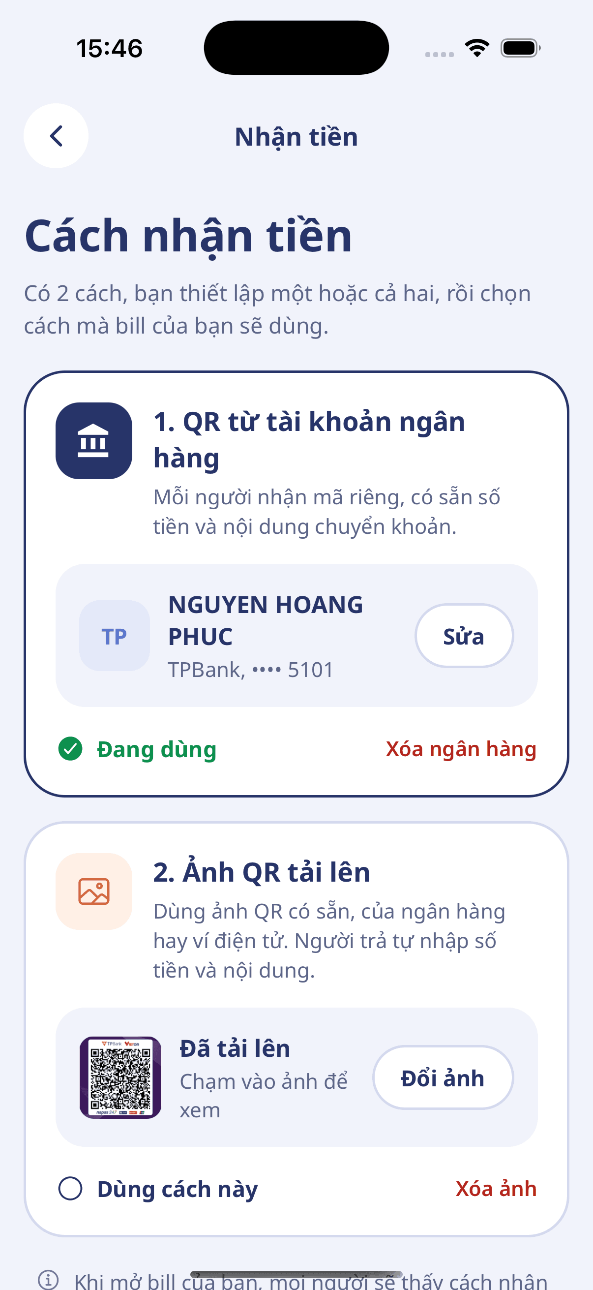 Payment methods screen: QR from bank account or uploaded QR image