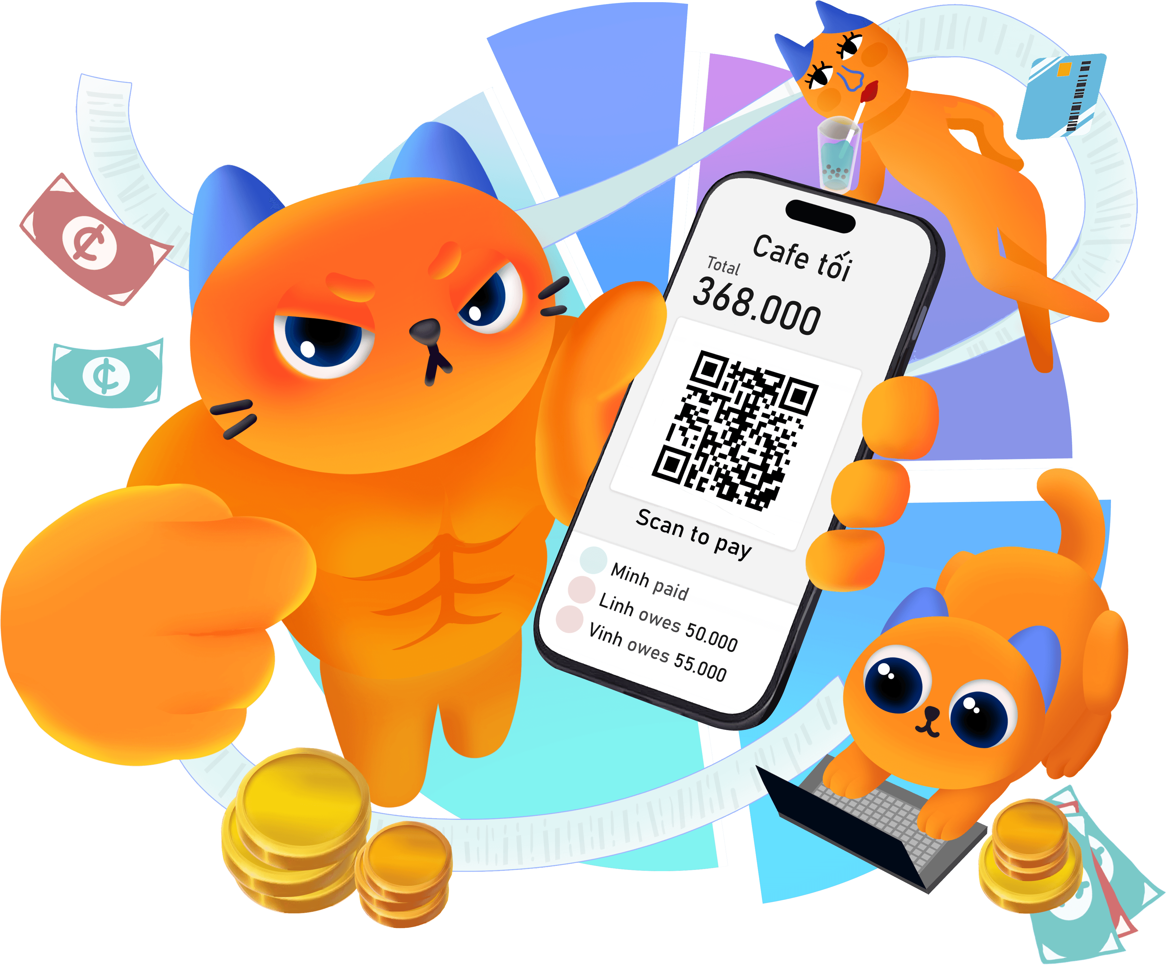 MeowPay cat holding a phone showing the Cafe tối bill for 368,000 with a QR code
